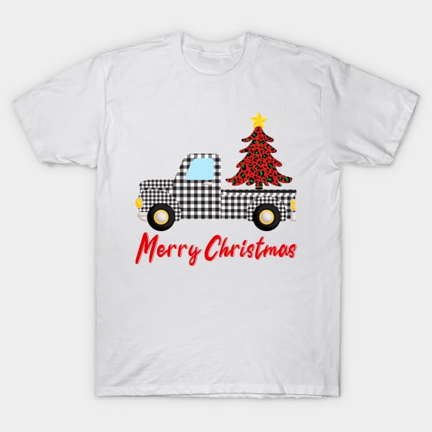 Merry Christmas Funny Buffalo Plaid Truck T-Shirt by DragonTees